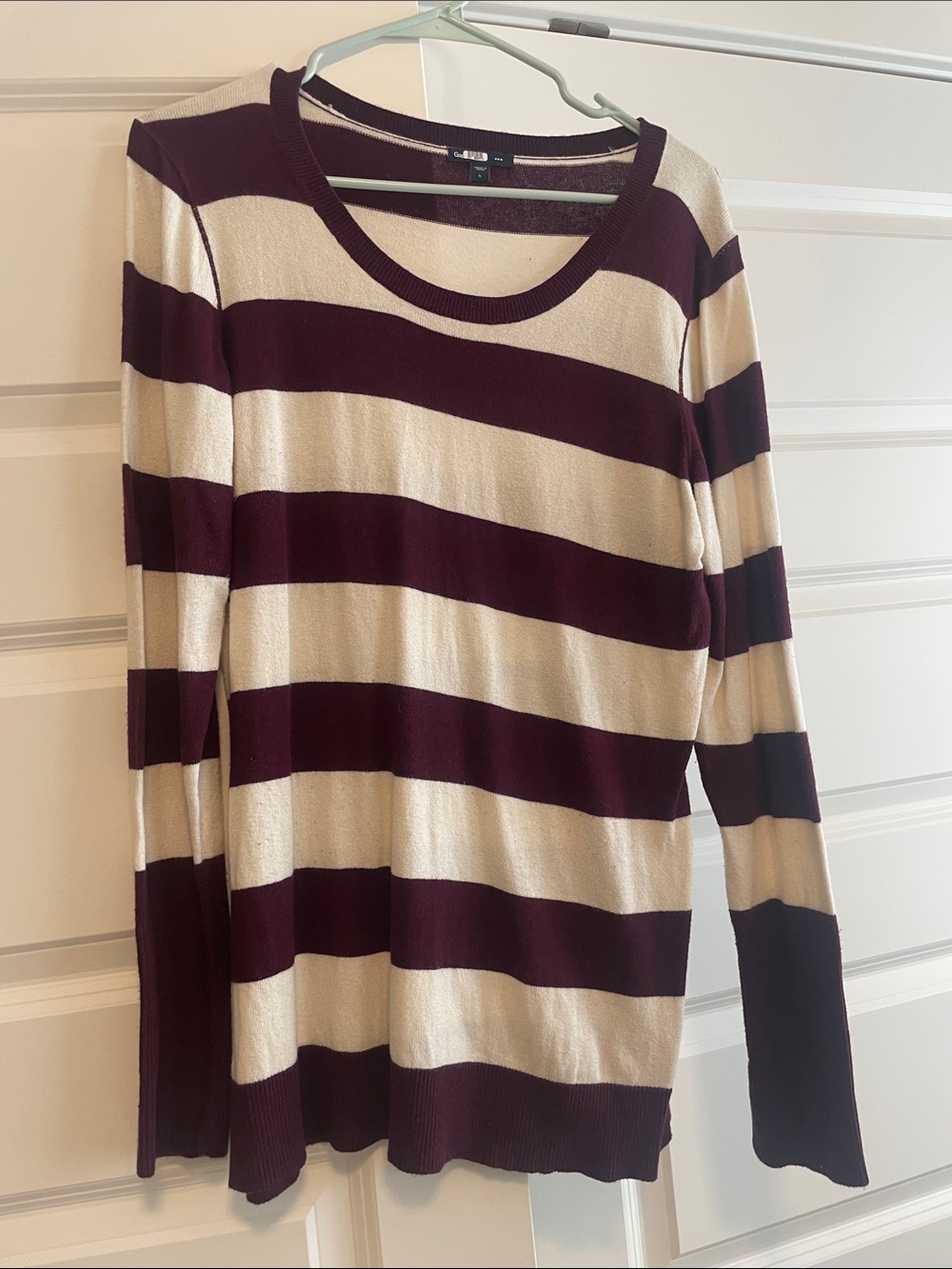GAP Striped Long-Sleeve Crewneck in Cream and Plum